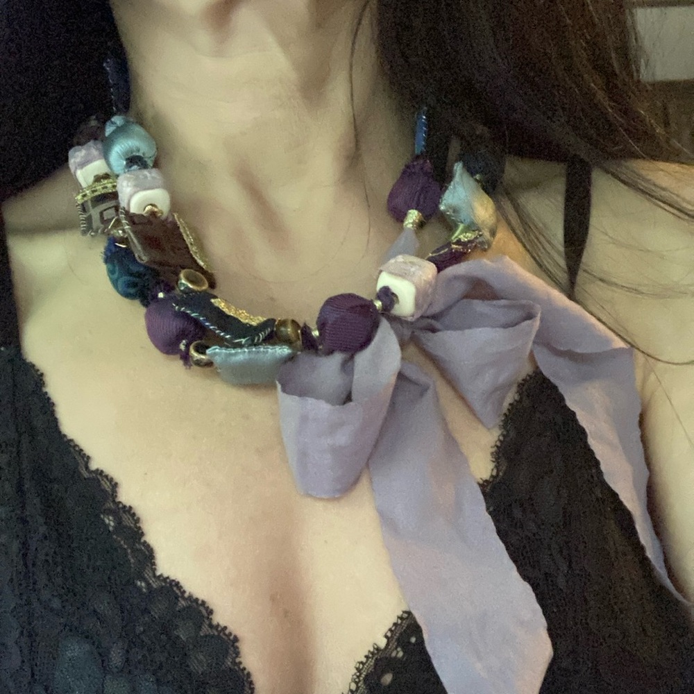 Hand Crafted Purple and Gold Fabric Necklace